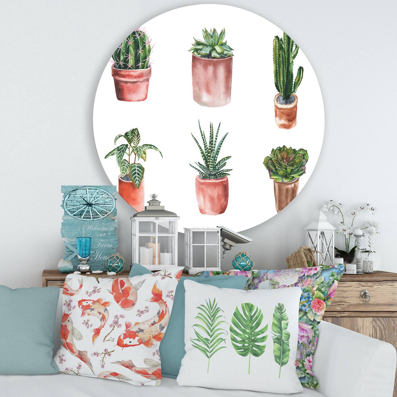 Designart - Flowers In A Pot Cacti and Succulents - Traditional Metal Circle Wall Art